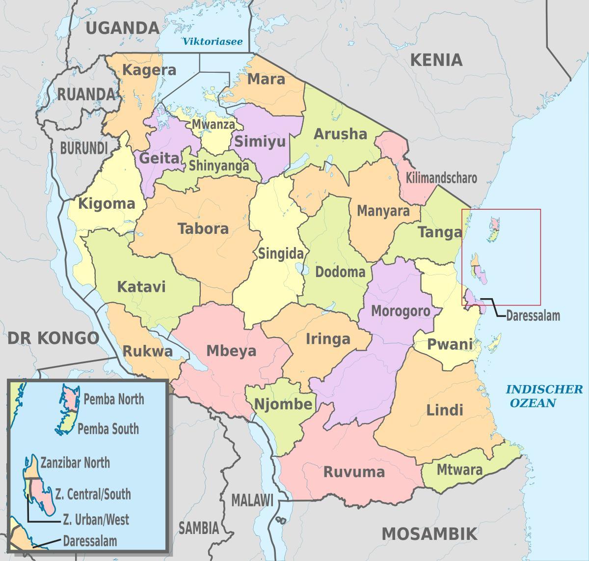 mapa de tanzània mostra regions i districtes