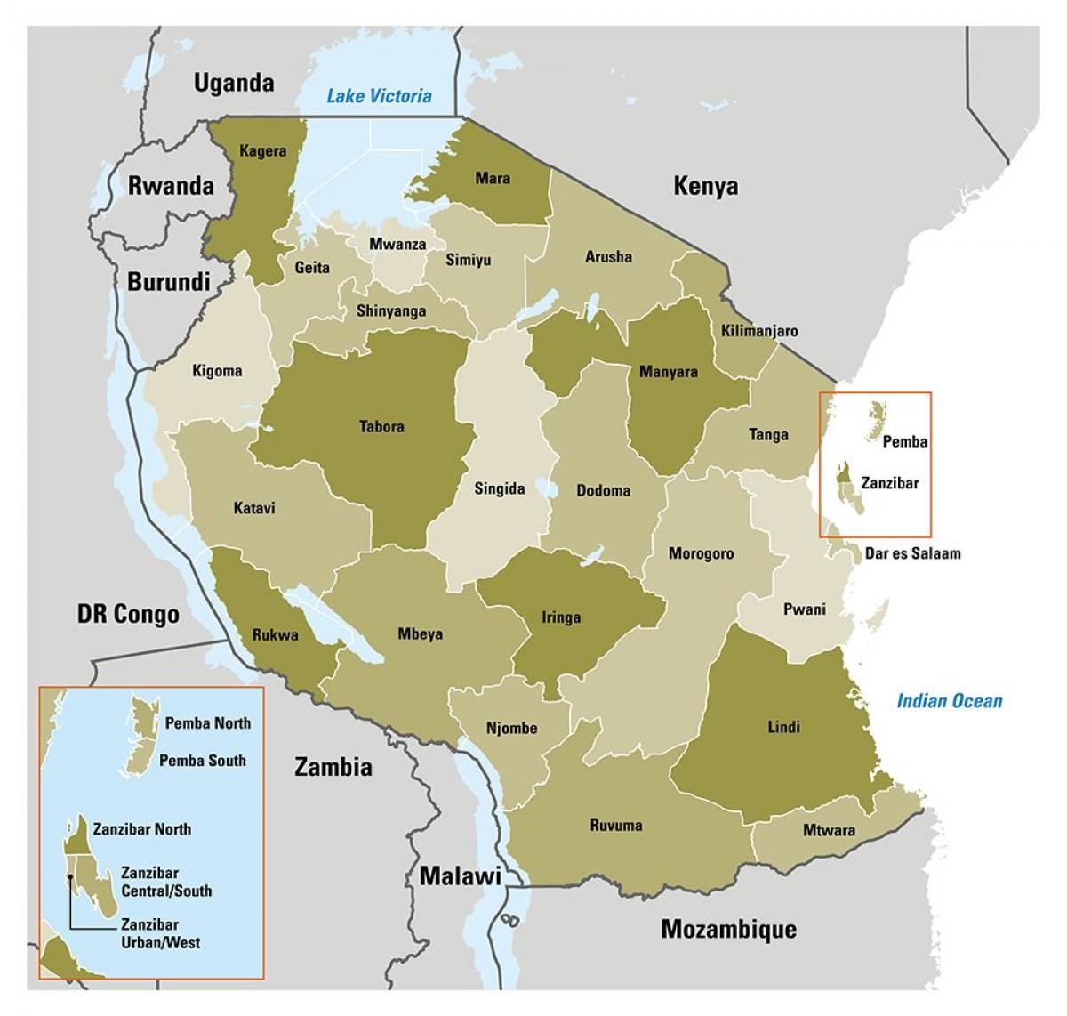 mapa de tanzània mostra regions