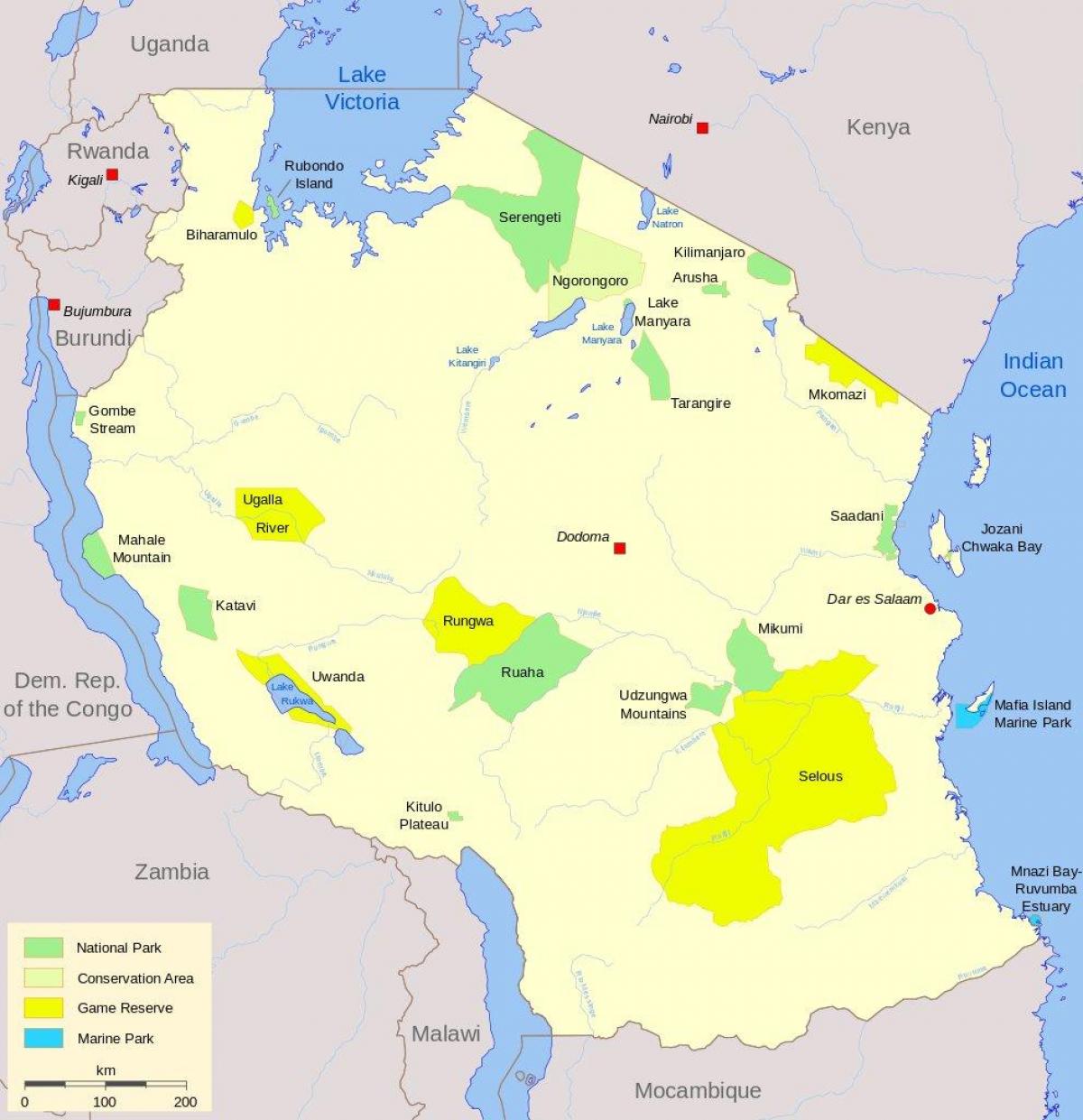 mapa de tanzània parcs nacionals i reserves de caça