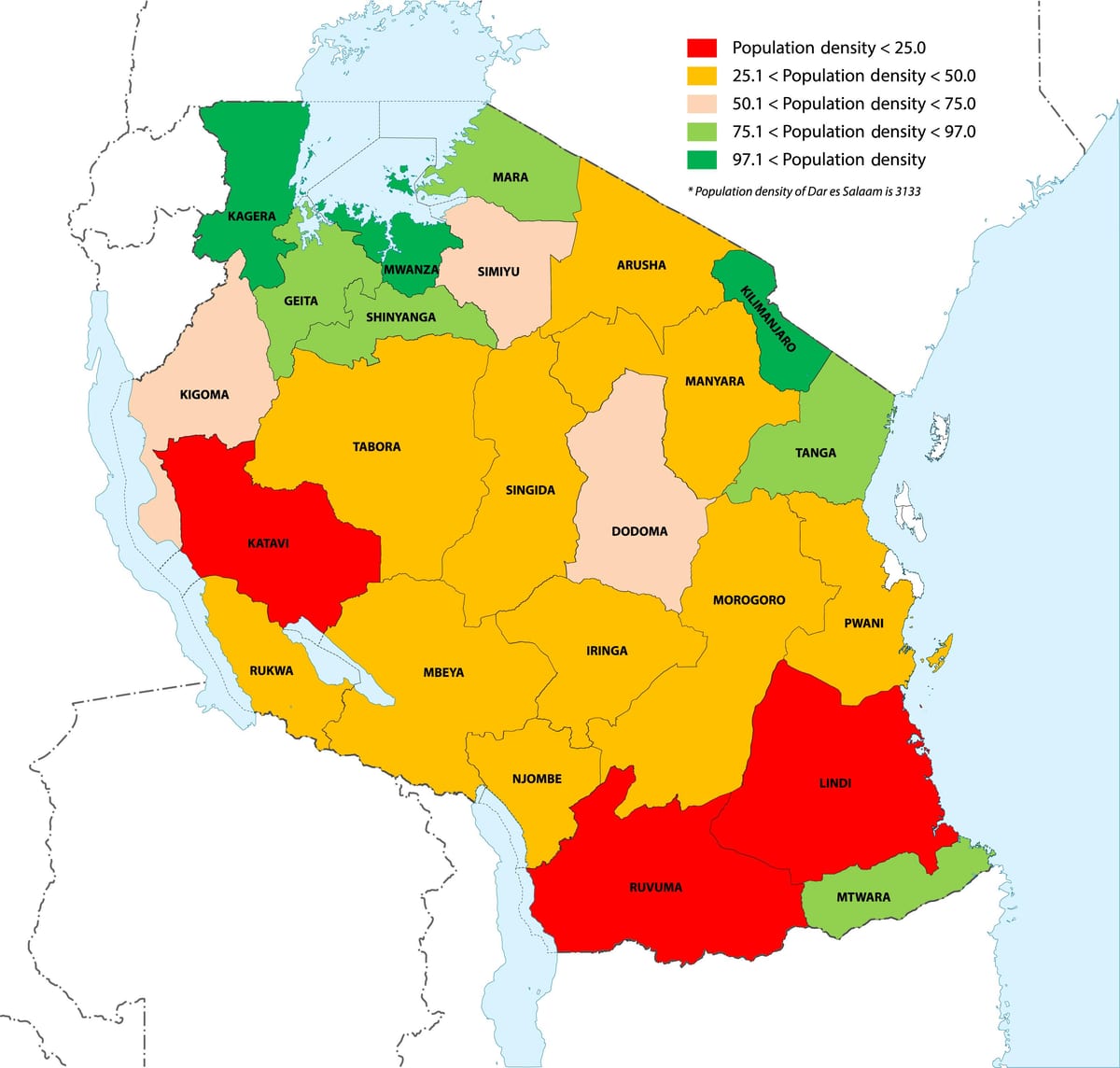 tanzània densitat de població mapa