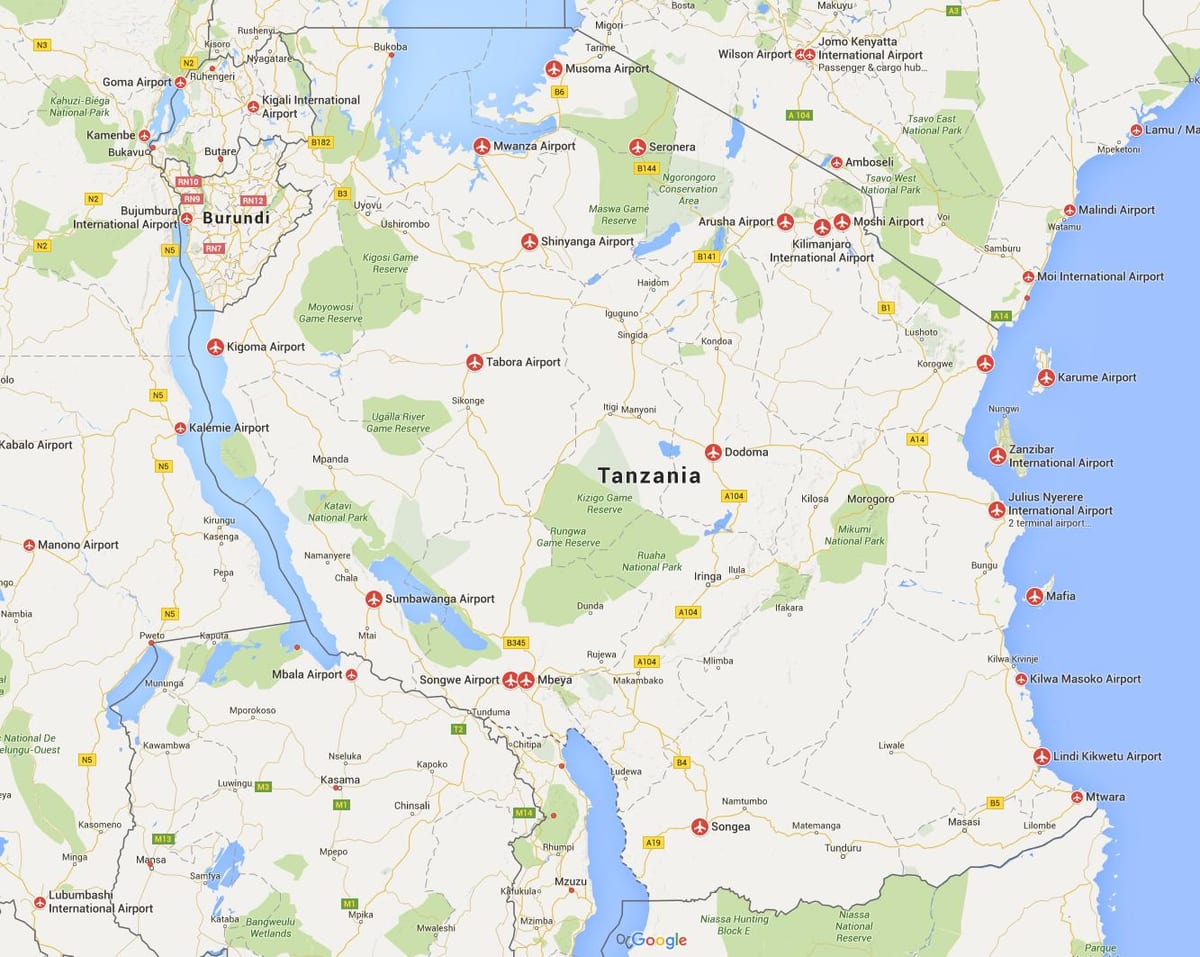 Mapa de tanzània aeroports