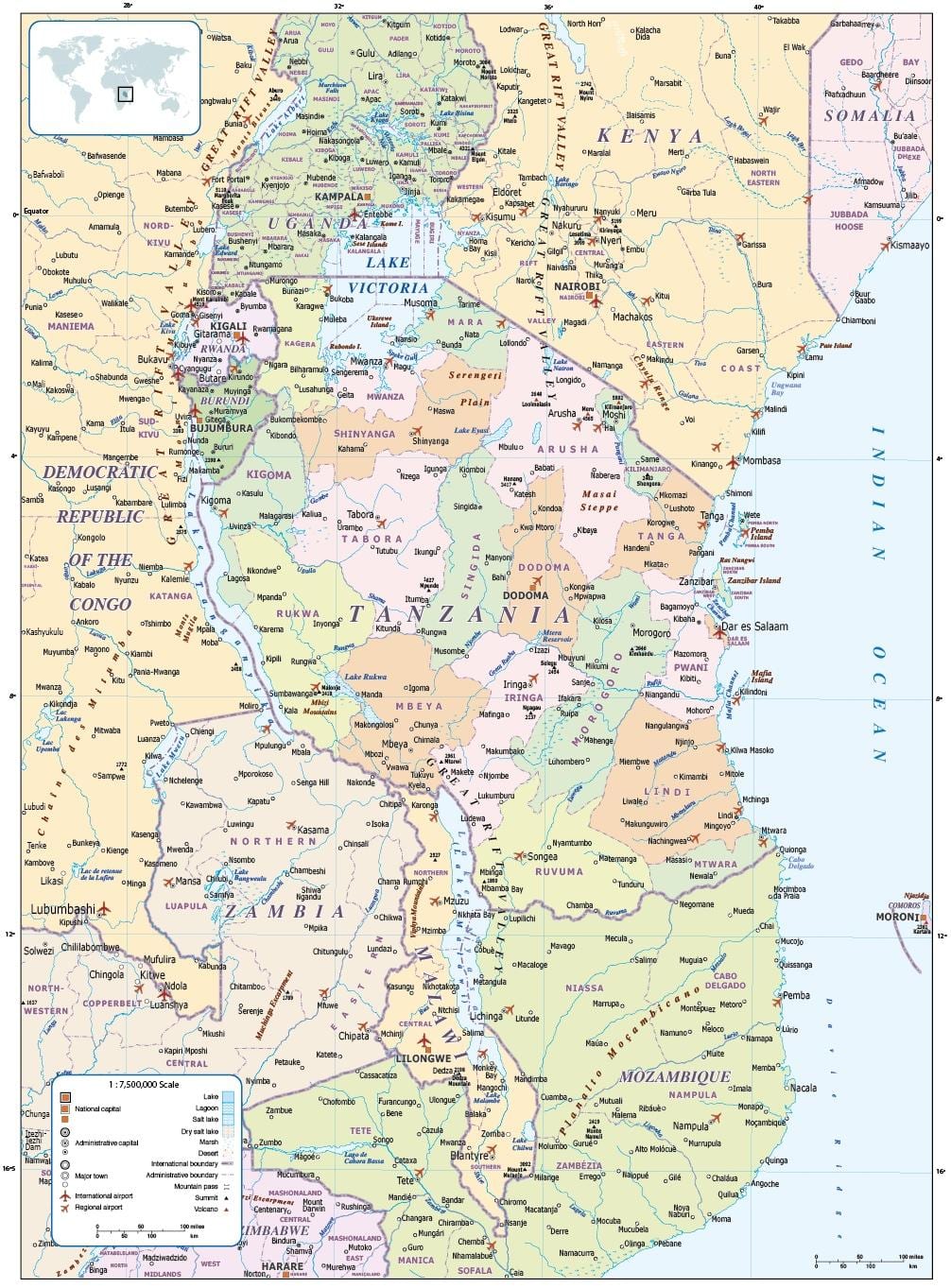 mapa de tanzània i països de l'entorn