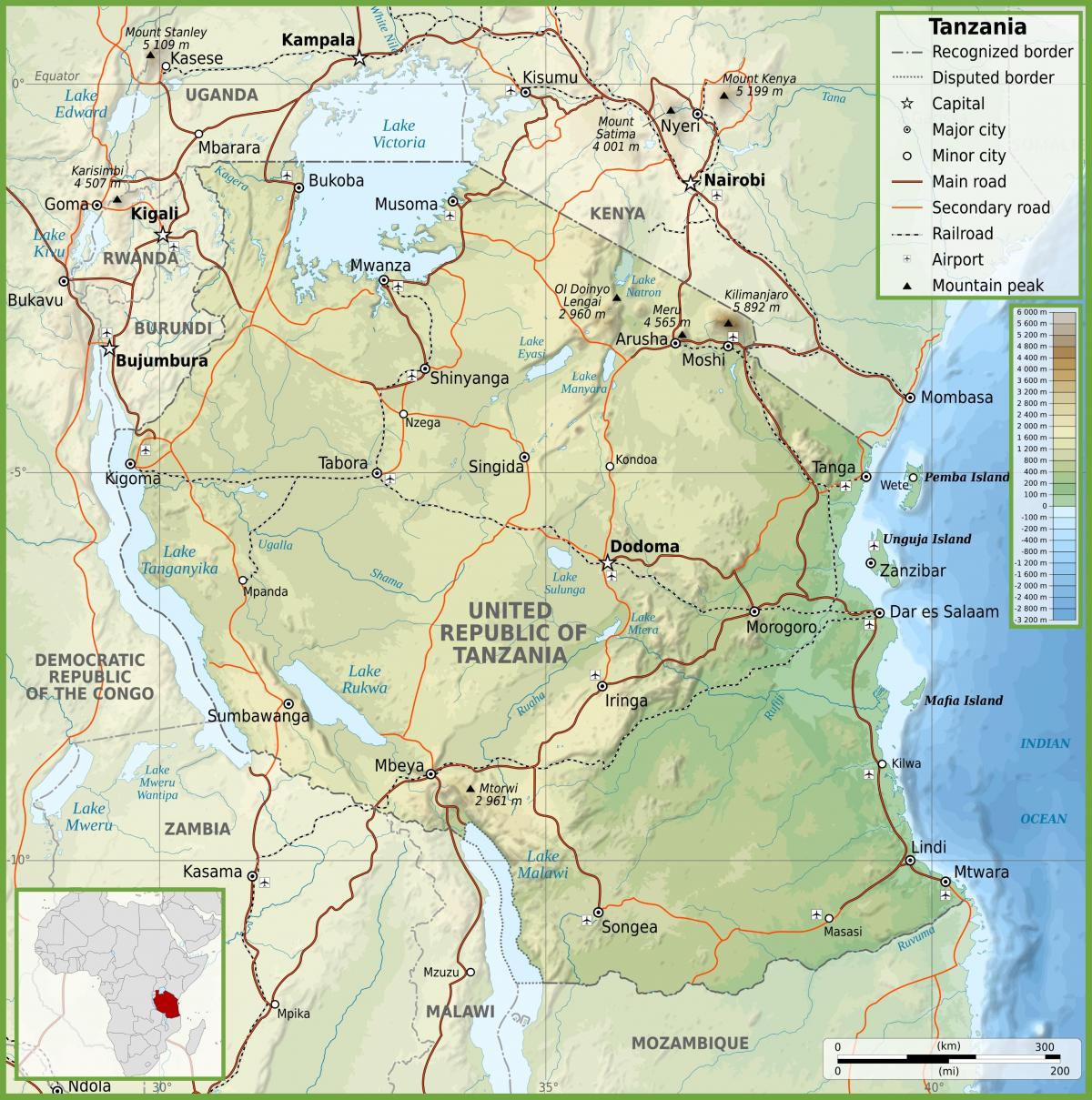 tanzània mapa de carreteres amb els quilòmetres