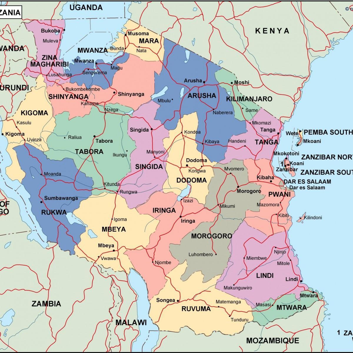Mapa de tanzània política