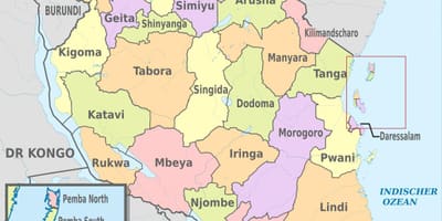 Mapa de tanzània mostra regions i districtes